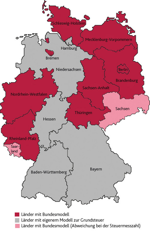 Deutschlandkarte zur Grundsteuerreform bei der die einzelnen Bundesländer je nach Grundsteuermodell in unterschiedlichen Farben dargestellt werden.